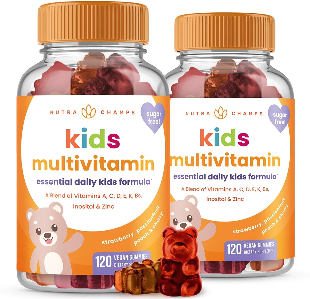 NutraChamps 120 Gummy Vitamin til børn (pakke af 2), Sukker Free Kids Vitamin Gummy Multivitamin, Vegan & Non- GMO, Jordbær, Passionsfrugt, Peach & Cherry