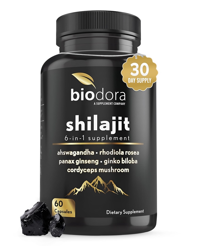 6- in-1 Shilajit Supplement 300mg, Mood og Energy Support Supplement med 60mg Pure Ashwagandha, Rhodiola Rosea Panax Ginseng til immunstøtte, hukommelse og fokus, 85 + Trace Minerals, 60 kapsler