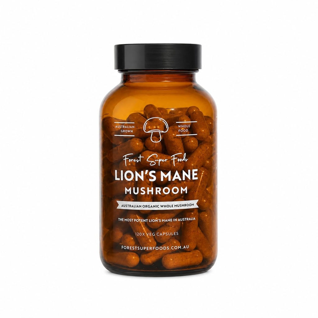 Forest Super Foods Lion 's Mane Mushroom Capsules Measures 124; Australske Grown Measures 124; Wh96 Ord 697 karaktersol Food Measures 124; Full Spectrum Measures 124; Freeze- Tørrede Measures 124; 120 Capsules