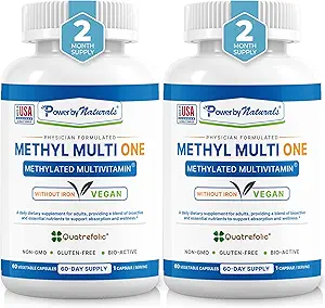 Power by Naturals Methyl Multi One - Iron- Free Methylerede Multivitamin til mænd og kvinder med B12 Methylcobalamin, P5P, Folate (5-MTHF), CoQ10 & Zink til energi & MTHFR support, 60 kapsler (2-PK)