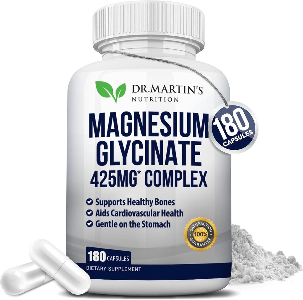 Premium Magnesium Glycinat 425mg - 180 Vegankapsler - Hjælper med stress relief, søvn, muskelkramper og sundt hjerte