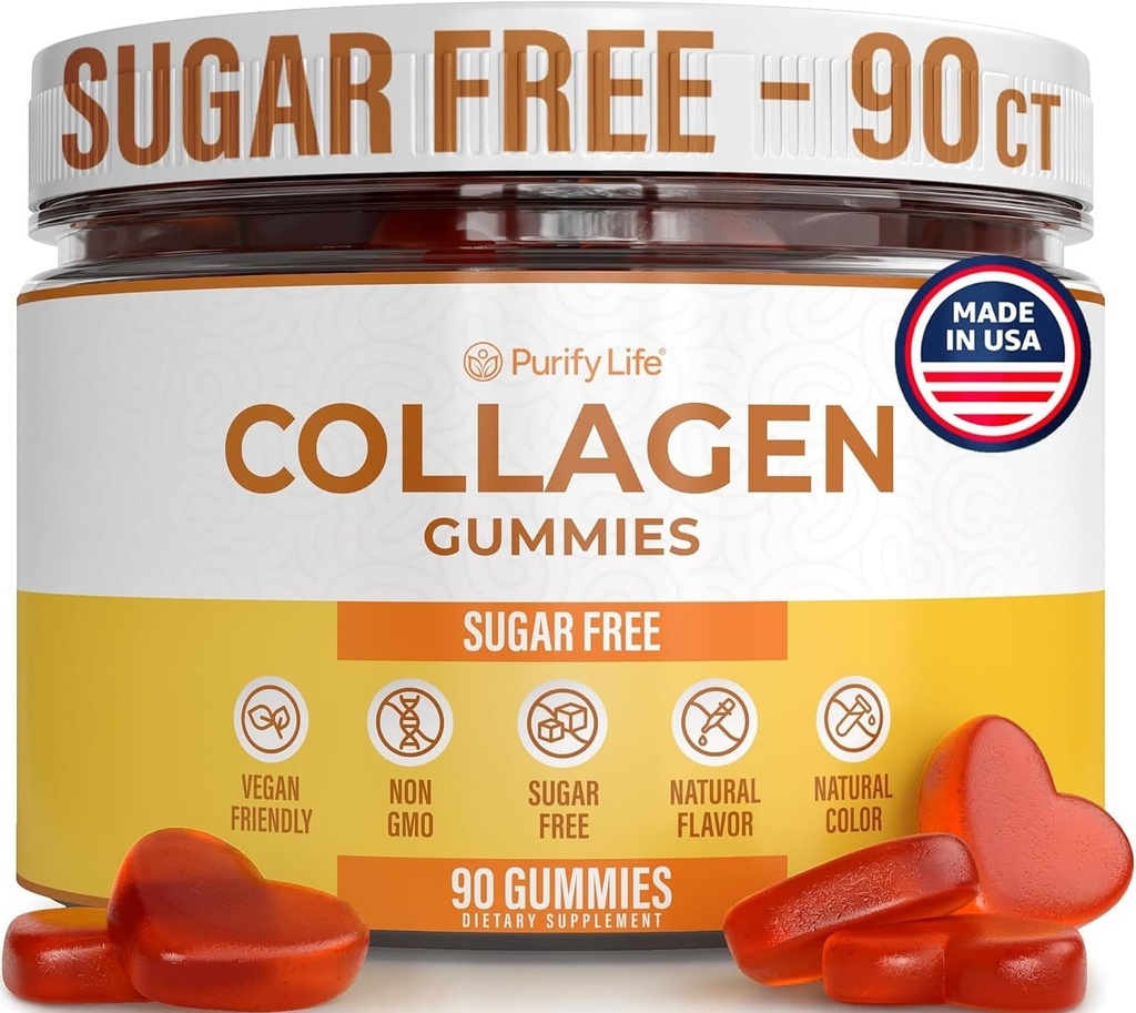 Sugar- Free Marine Collagen Gummies (90 Collagen Chews) Potent 500mg Collagen Gummy til hårvækst, sundere hud & negle, Pore Reducer & Elasticitet Hydrolyseret, Gluten Free, Boosted w Shuddha Gugulu