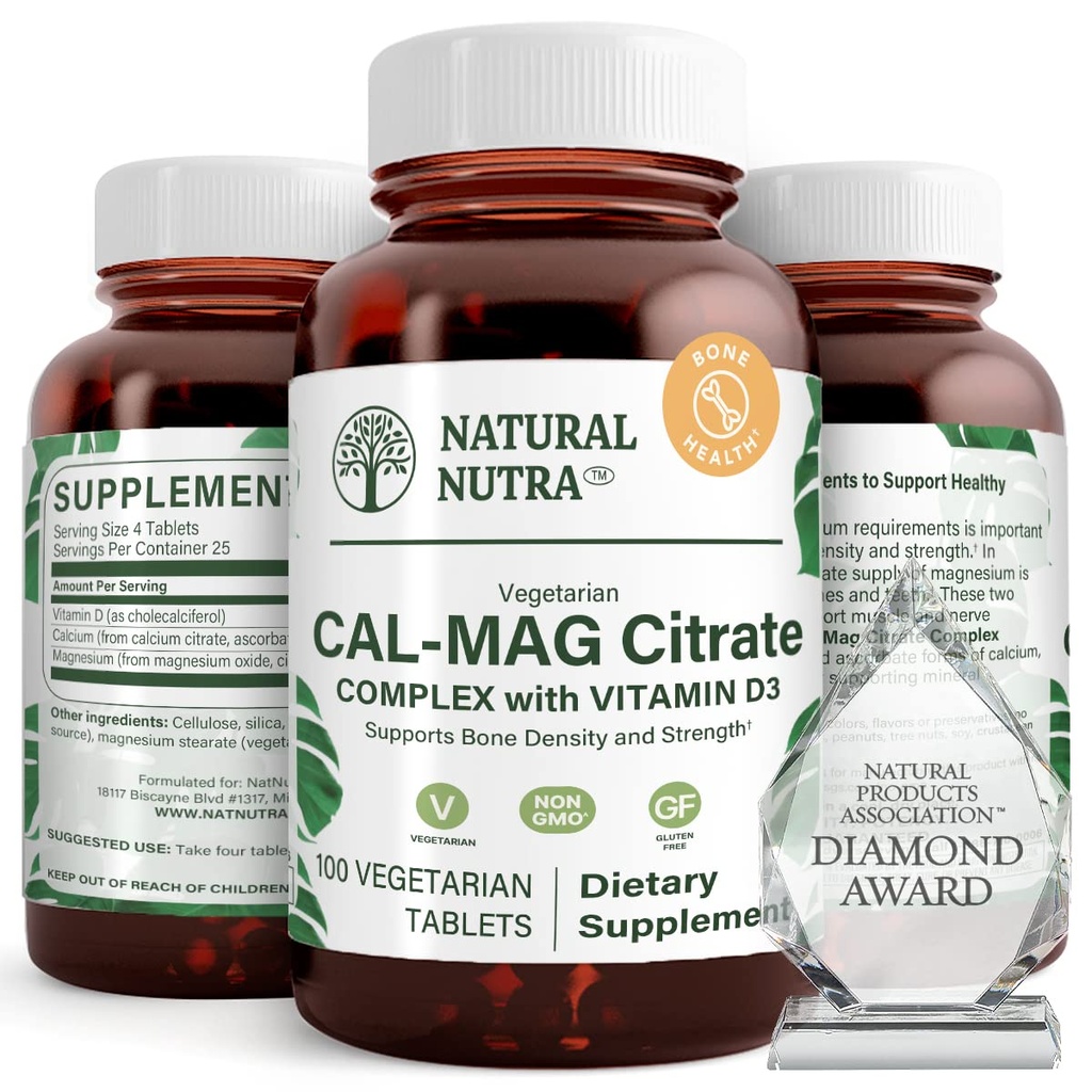 Naturlig Nutra Cal- Mag Citrate med vitamin D3.1000 / 500 mg kompleks, Styrke Knogletæthed, muskel og nerve sundhed, Hjælp med at bevare sunde tænder, stærkt biotilgængelige kilder, 100 Veganske tabletter