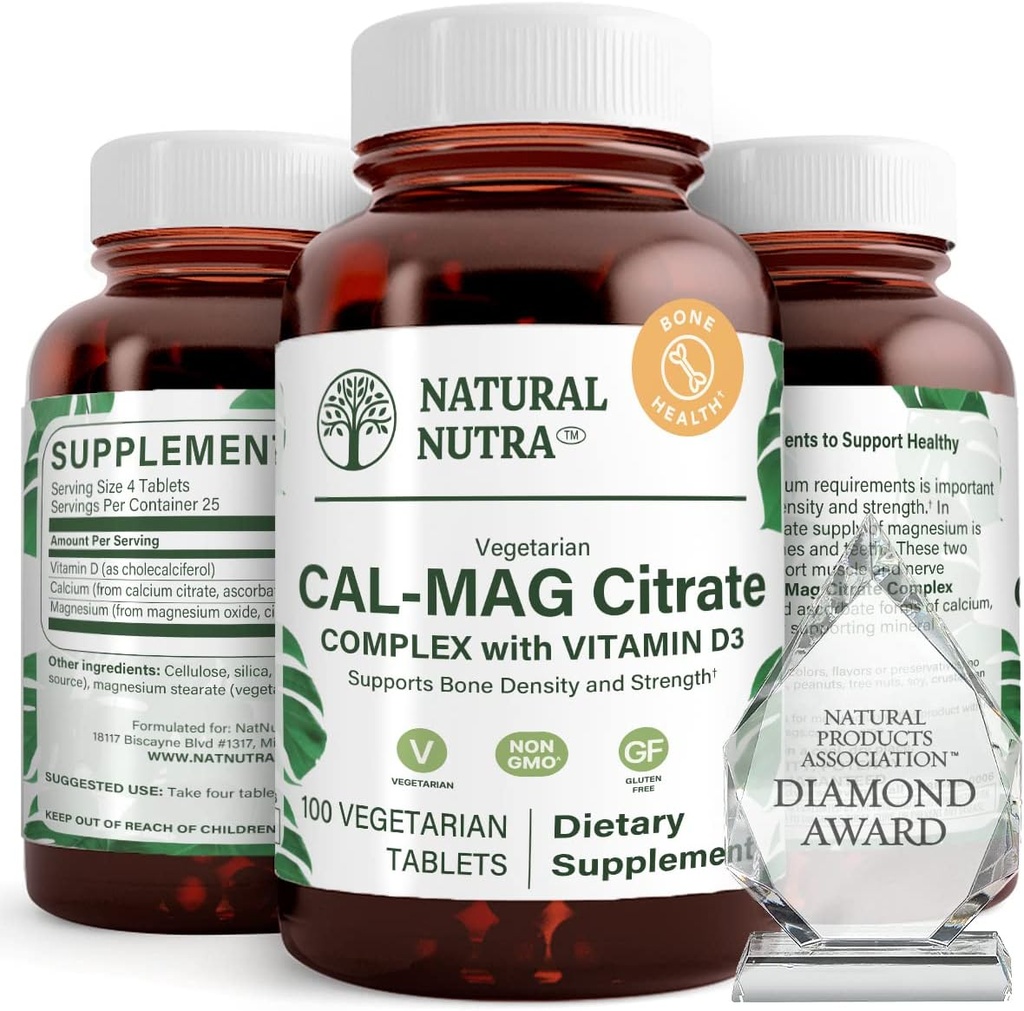 Naturlig Nutra Cal- Mag Citrate med vitamin D3.1000 / 500 mg kompleks, Styrke Knogletæthed, muskel og nerve sundhed, Hjælp med at bevare sunde tænder, stærkt biotilgængelige kilder, 100 Veganske tabletter