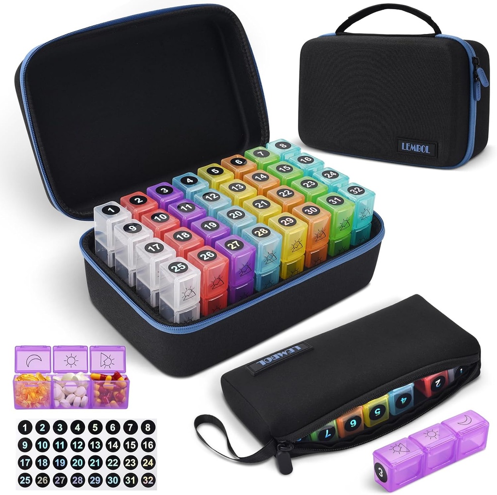 Månedlig Pill Organizer 3X en dag med Portable 7-Day Travel Medicine Organizing Bag, Stor Pill Box med 32 daglige afdelinger, 30 dag Pill sag Medicine Organizer for Vitamin, Supplement og Medicin