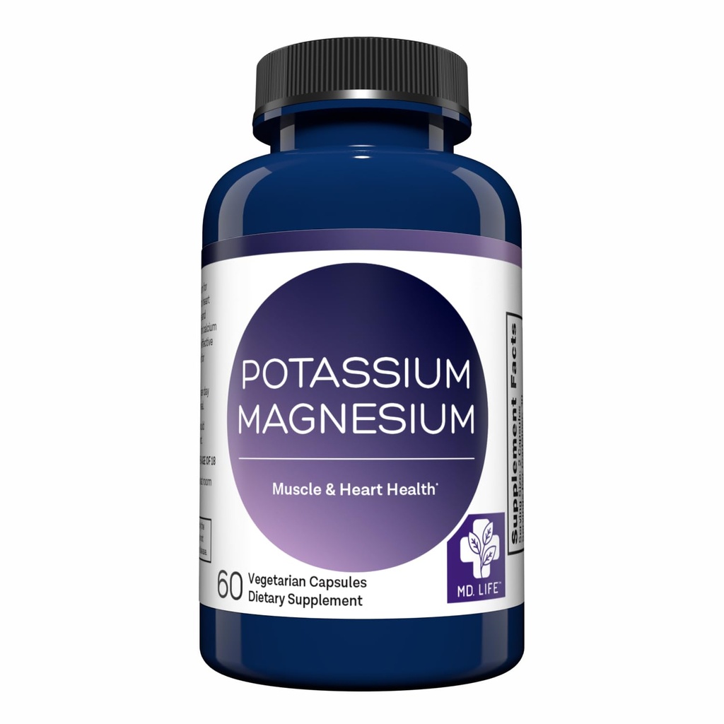 MD. Life Kalium Magnesium Supplement - 60 kapsler - Høj Absorption Magnesium Complex - Kalium supplement til støtte vaskulær sundhed & ben krampe