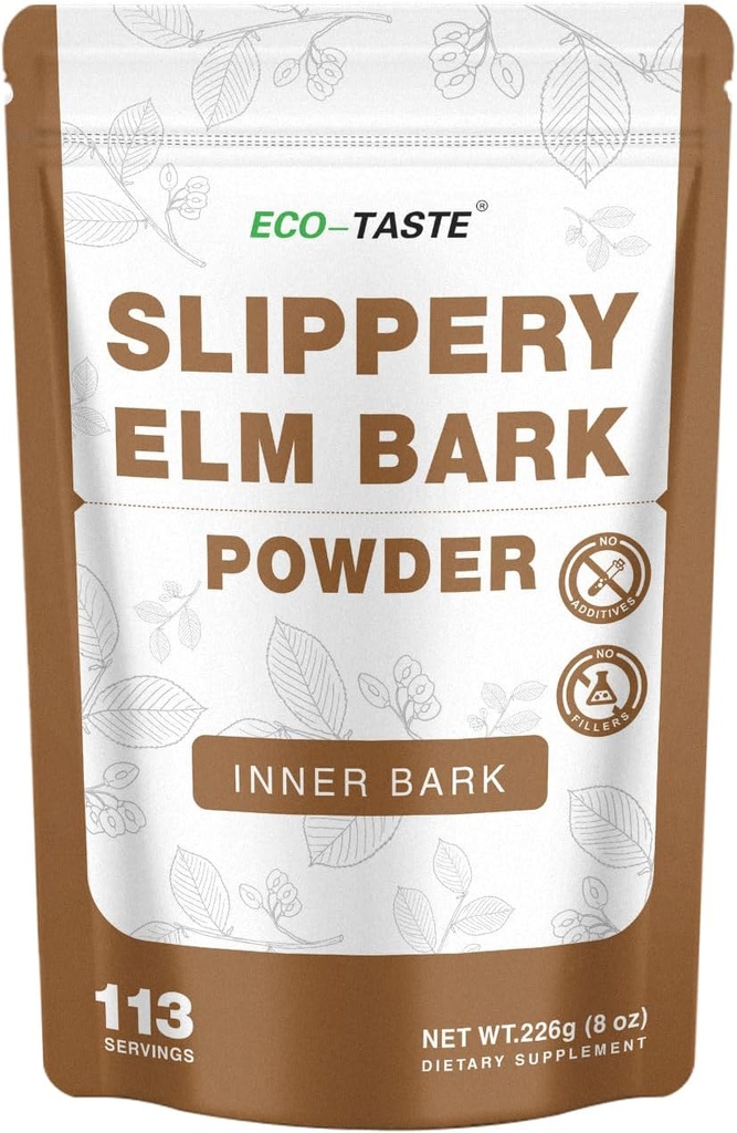 ECO- TASTE Slippery Elm Pulver til Gut- Health, Pure Inner Slippery Bark Powder 2000mg per servering, Vegetarisk - 226 Bedste