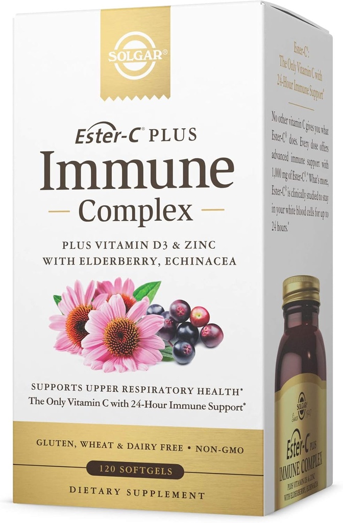 Solgar Ester- C Plus immunkompleks -120 Softgels, 24-timers immunstøtte, understøtter Øvre Luftveje - Plus D3, Zink, Elderberry & Echinacea - Non- GMO, Gluten Free, Dairy Free - 60 Servere,
