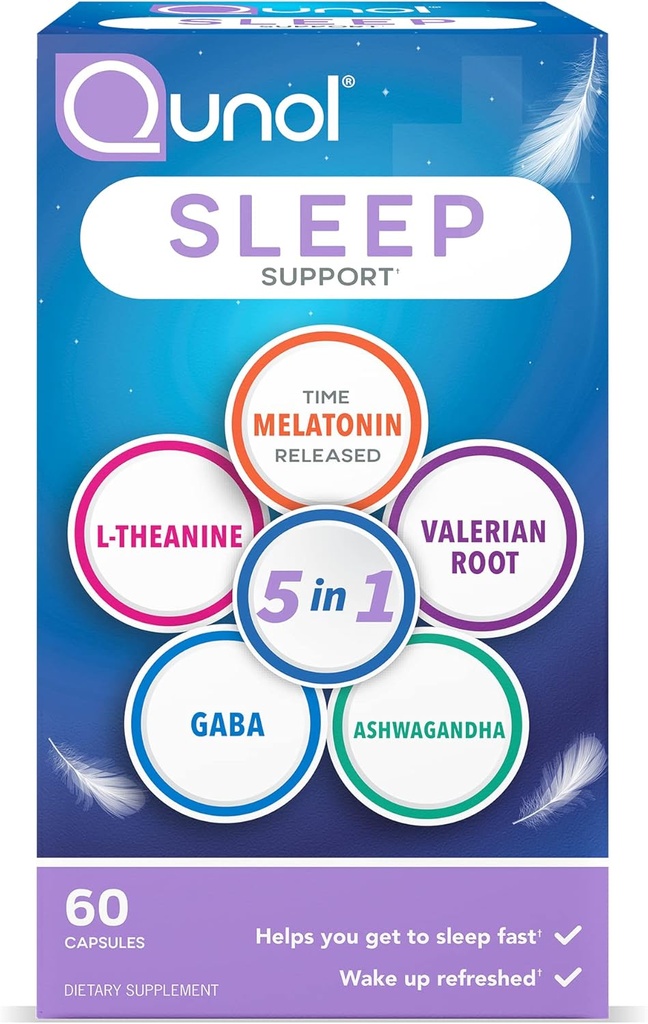Qunol Sleep Support, 5 i 1 Ikke-Habit Danning Sleep Aid, Supplement med time- frigivet Melatonin 5mg, Ashwagandha, GABA, Valerian Root, L- Theanine, 60kt kapsler