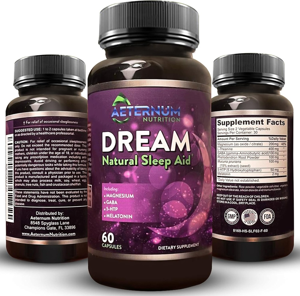 Drøm naturlig søvn supplement til voksne - Afslappende søvn, vågn restaureret - Ikke-Vanit dvalestøtte kapsler fri for sukker, kulhydrater - Melatonin, Magnesium, 5htp, L- Theanin, GABA- Non- GMO 60 Sovepiller