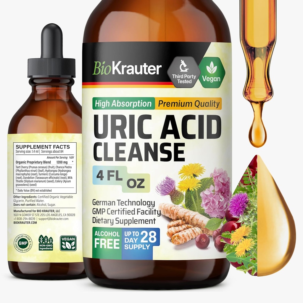 BIO KRAUTER Uric Acid Support Tinktur - Natural Nyre Supplement w / Tart Cherry, Milk Thistle, Gurkemeje Væske Ekstrakter - Vegan Drops 4 Fl.Oz.