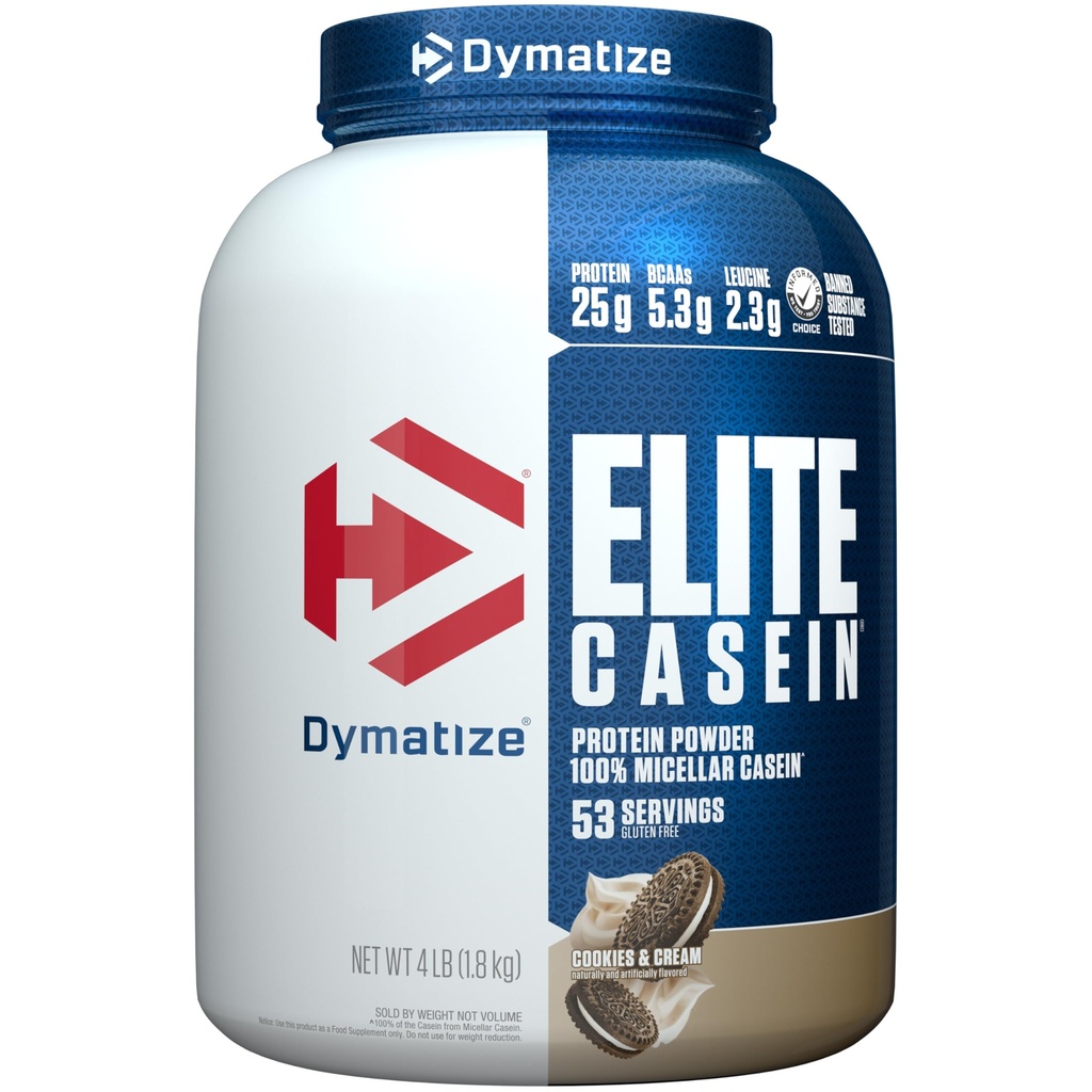 Dymatisere Elite Casein Protein Powder, Cookies & Cream, 100% Micellar Casein, 25g Protein, 5,4g BCAA, 2,3g Leucin, Slow Absorbing for Overnight Muscle Recovery, 4 LB (53 Servere)