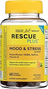 RESCUE Bach Plus Mood & Stress Support Gummies, Daglig Kosttilskud med Passionflower, GABA, Safran & Vitamin D, Natural Orange Flavor, Vegan & Gluten- Free, 60 Greve