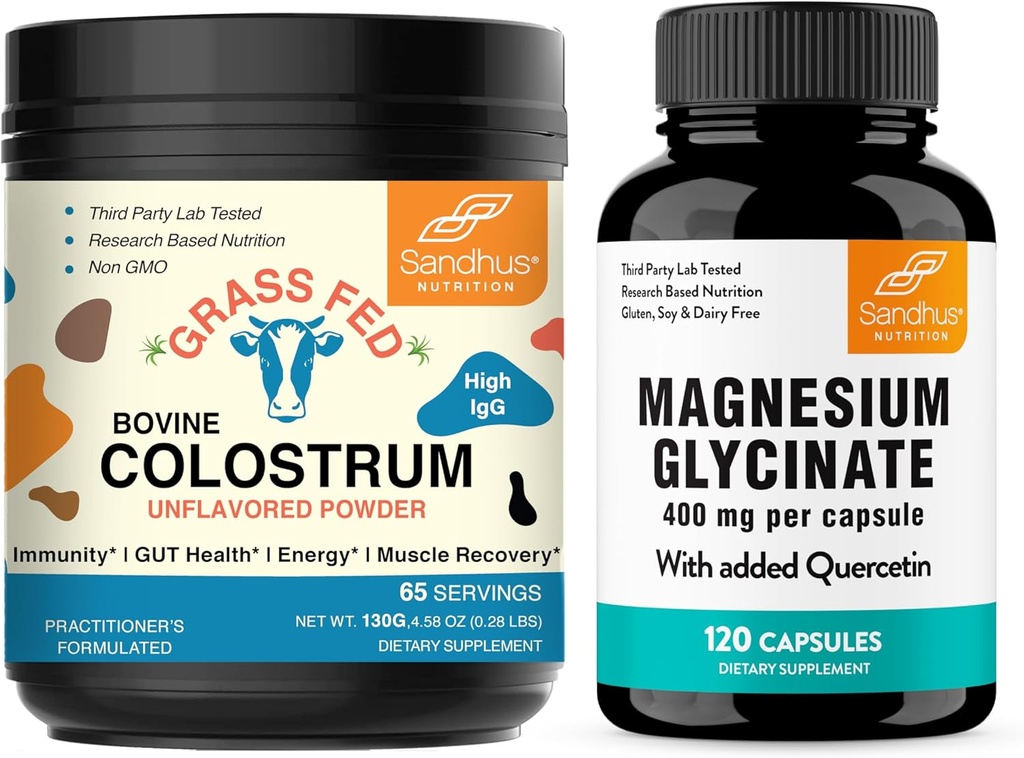 Sandhu 's Colostrum Powder & Magnesium Glycinate Kompleks med Quercetin Kapsler