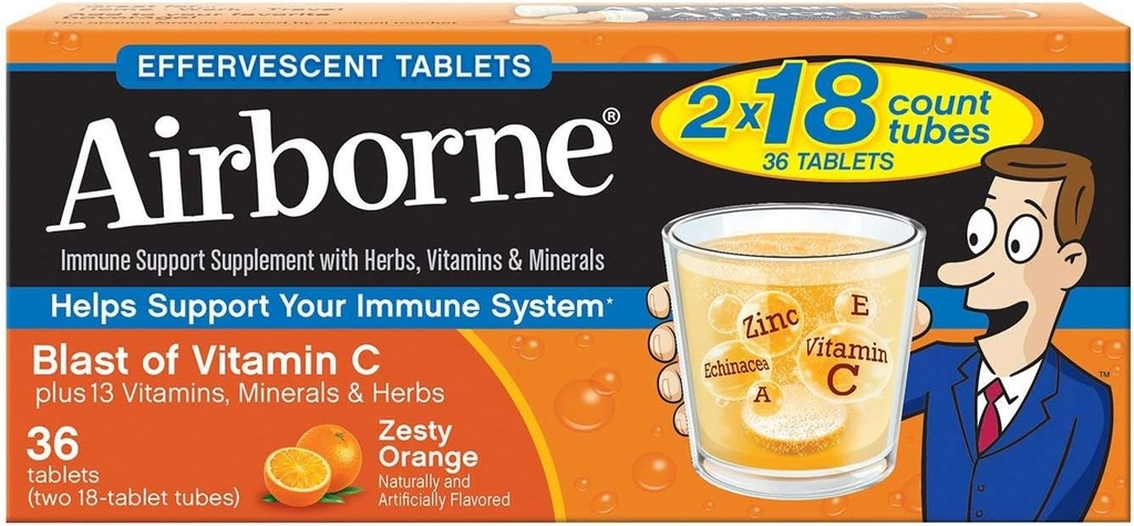 Vitamin C 1000mg (per serving) - Airborne Zesty Orange Effervescent Tablets (36 count in a box), Gluten-Free Immune Support Supplement and High in Antioxidants