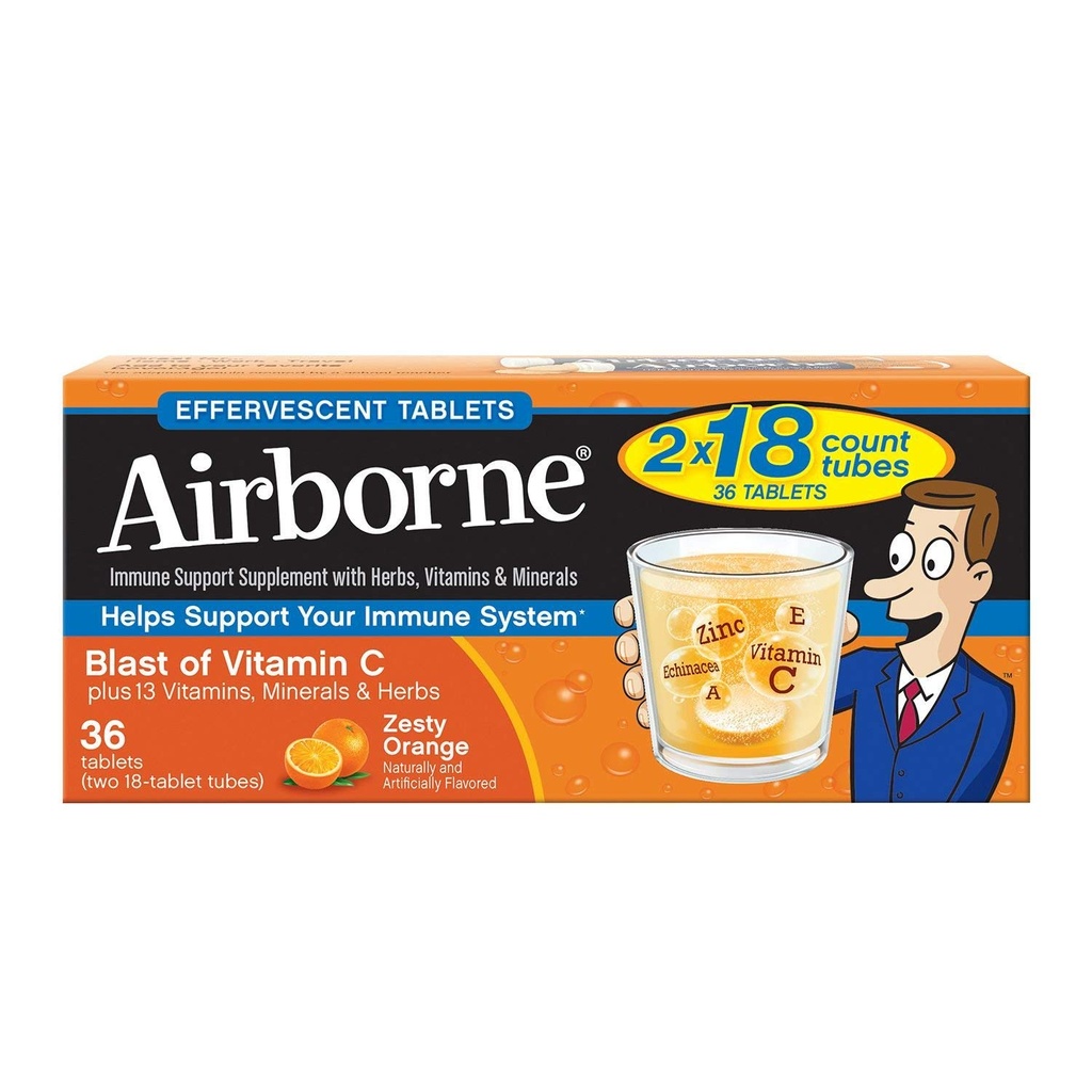 Vitamin C 1000mg (pr. servering) - Airborne Zesess Orange Effervescent tabletter (36 tæller i en kasse), Gluten- Free immunsupport supplement og høj i antioxidanter