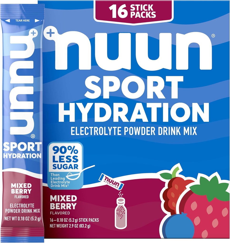 Nuun Sport Electrolyte Powder Pakninger med Magnesium, Calcium, Kalium, Chlorid, og Natrium, Hydrering Pakninger til On- The- Go, Blandede Berry Flavor, Gluten Free & Vegan, 16 enkeltportioner