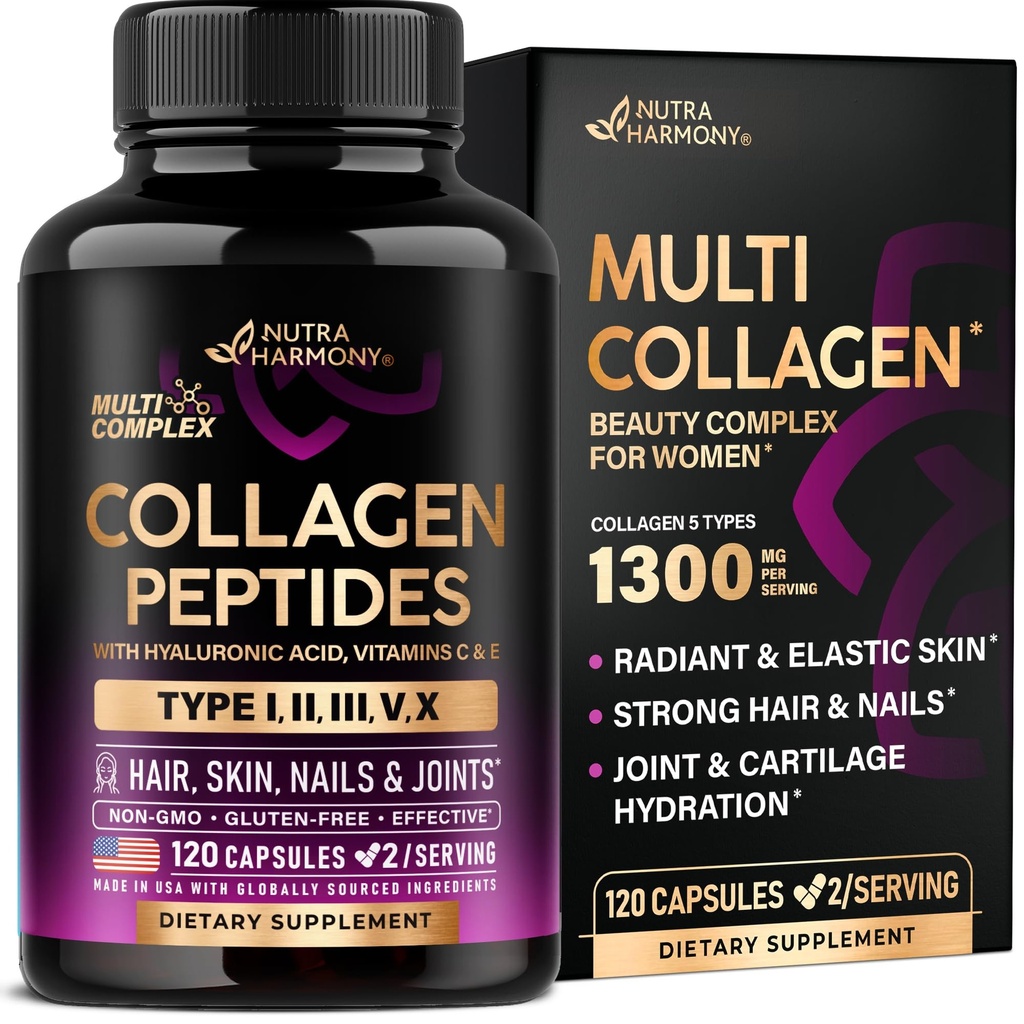 Multi collagen peptider - hydrolyseret type I, II, III, V & X - Collagen supplement til kvinder 1300mg - w / hyaluronsyre, vitaminer C & E - hud, hår, negle & fælles støtte - Lavet i USA, 120 kapsler