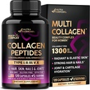Multi collagen peptider - hydrolyseret type I, II, III, V & X - Collagen supplement til kvinder 1300mg - w / hyaluronsyre, vitaminer C & E - hud, hår, negle & fælles støtte - Lavet i USA, 120 kapsler