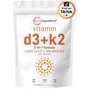 Micro Ingredients Vitamin D3 5000 IE + K2 MK- 7 100 mcg, 300 Softgels - 124; 2- in-1 Vitamin D & K Complex - 124; Ekstra Styrke, Let at synke, Non- GMO, Gluten Free