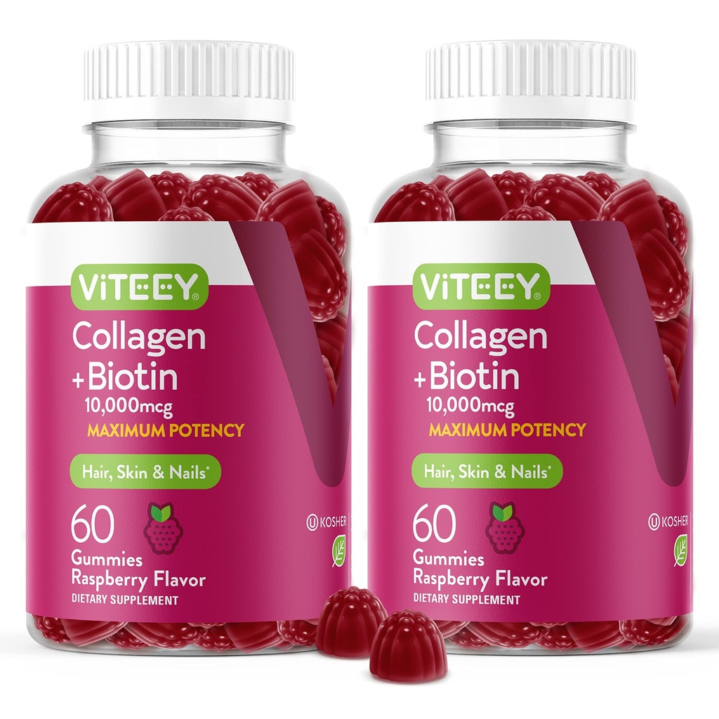 Viteey Collagen Gummies med Biotin Gummies til hår hud og negle Vitaminer - Biotin og Collagen Kosttilskud til kvinder & mænd - Vegan, Gluten- Free - 120 Greve