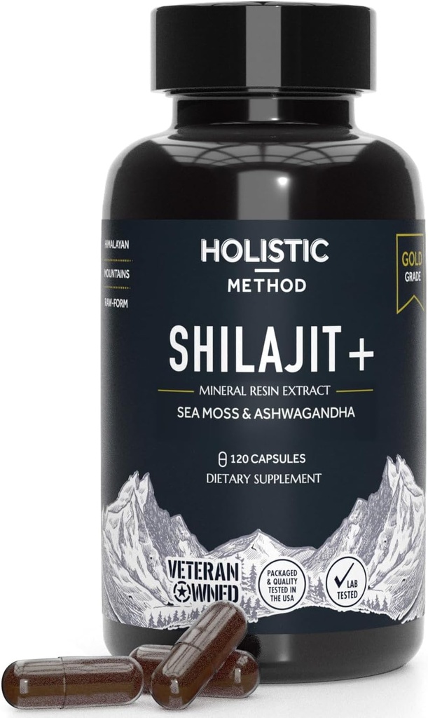 Pure Himalayan Shilajit til mænd og kvinder - 120 Shilajit Resin kapsler med Sea Moss, Ashwagandha, Rhodiola og Ginko Biloba - fremmer energi boost & immunforsvar (120 Count)