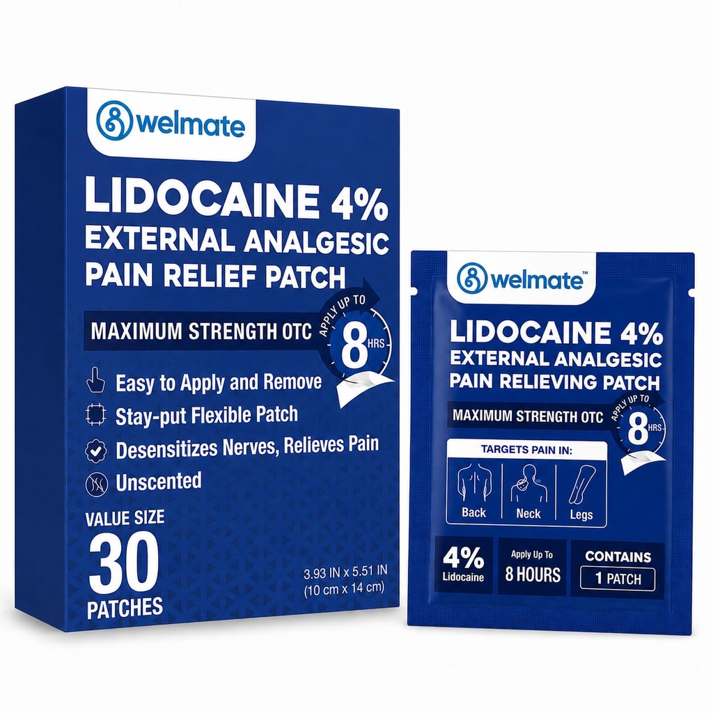 WELMATE - 4% Lidocain Numbing Patch - Maksimal styrke - Midlertidig lindring af smerte, Ryg, Hals, Skuldre, Knætter, Albuer, Mindre hudirritationer - Topical Analygesic Undufted - 30 ct