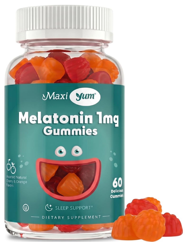 Maxi sundhed 1mg Melatonin Gummies - Kids Melatonin Chewables med naturlige Cherry & Orange Flavor - Adult and Baby Sleep Support to Support Rastful Nights (60 Greve)