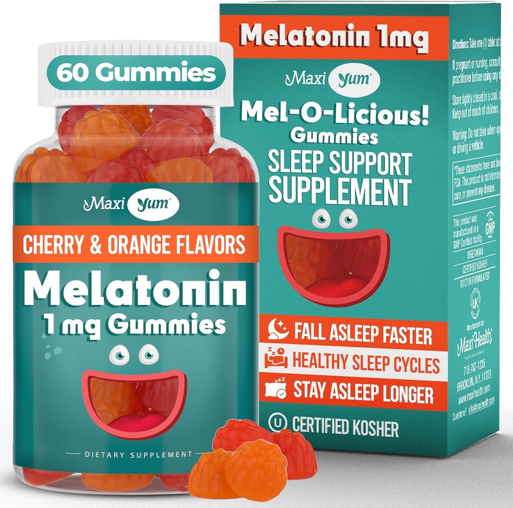 Maxi sundhed 1mg Melatonin Gummies - Kids Melatonin Chewables med naturlige Cherry & Orange Flavor - Adult and Baby Sleep Support to Support Rastful Nights (60 Greve)