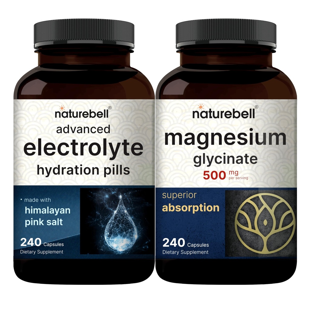 NatureBell Magnesium Glycinat Capsules 500mg & Advanced Electrolyte Hydration Pills Bundle Packed 124; Chelated & Renset Mineral Note 124; Fast Hydrating Keto Electrolytes