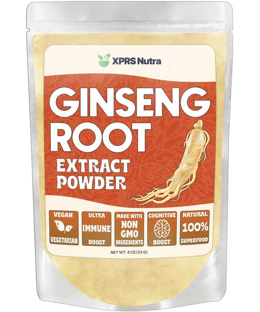 XPRS Nutra Ginseng Root Extract Powder - Ginseng Powder understøtter kognitiv funktion, fysisk ydeevne og immunsystem - Vegan Friendly Panax Ginseng i Powder Form (4 Ounce)