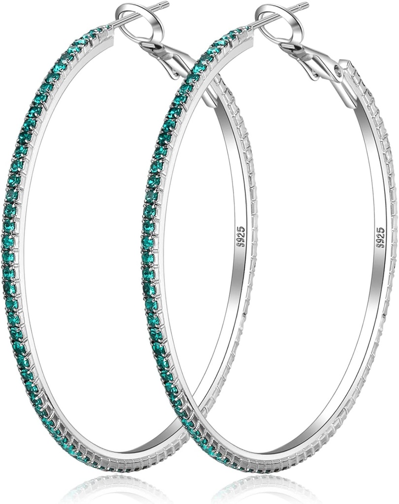 925 Sterling Sølv øreringe Stor Rhinestone Hoop øreringe Big Cubic Zirconia Hoop øreringe Thin Rhinestones Round Hoop øreringe til kvinder 20 / 30 / 40 / 50 / 60 / 70mm Sparkly Hoops med krystaller til kvinder