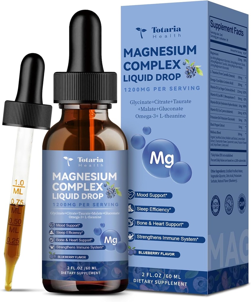21 i 1 Magnesium Glycinate Complex Liquid Drop med vitamin D3, K2, B6 & B12 Plus L- Theanine Omega-3 Sea Moss Extract for Energy, Sleep, Joint, Heart Health Sugar Free Blueberry Flavor, 2 Fl Oz