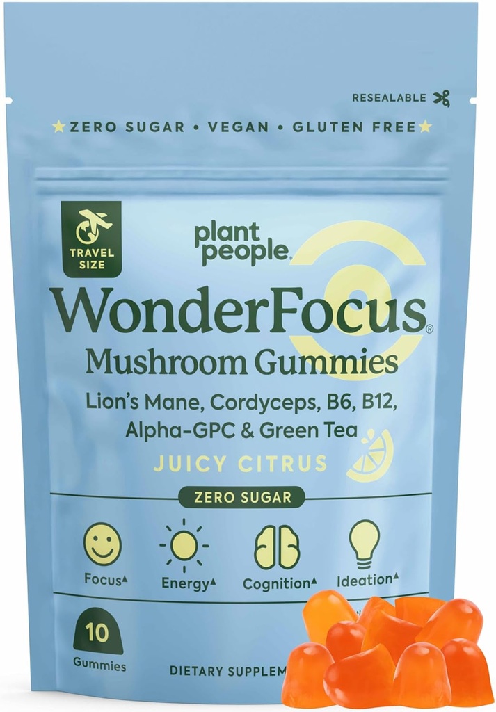 Plante Folk WonderFocus Mushroom Gummies Mini med Lions Mane & Cordyceps Nootrop Brain supplement øger hukommelse Focus Energy & Food hos voksne ingen sukker 100% Vegan Citrus Flavor Trial størrelse