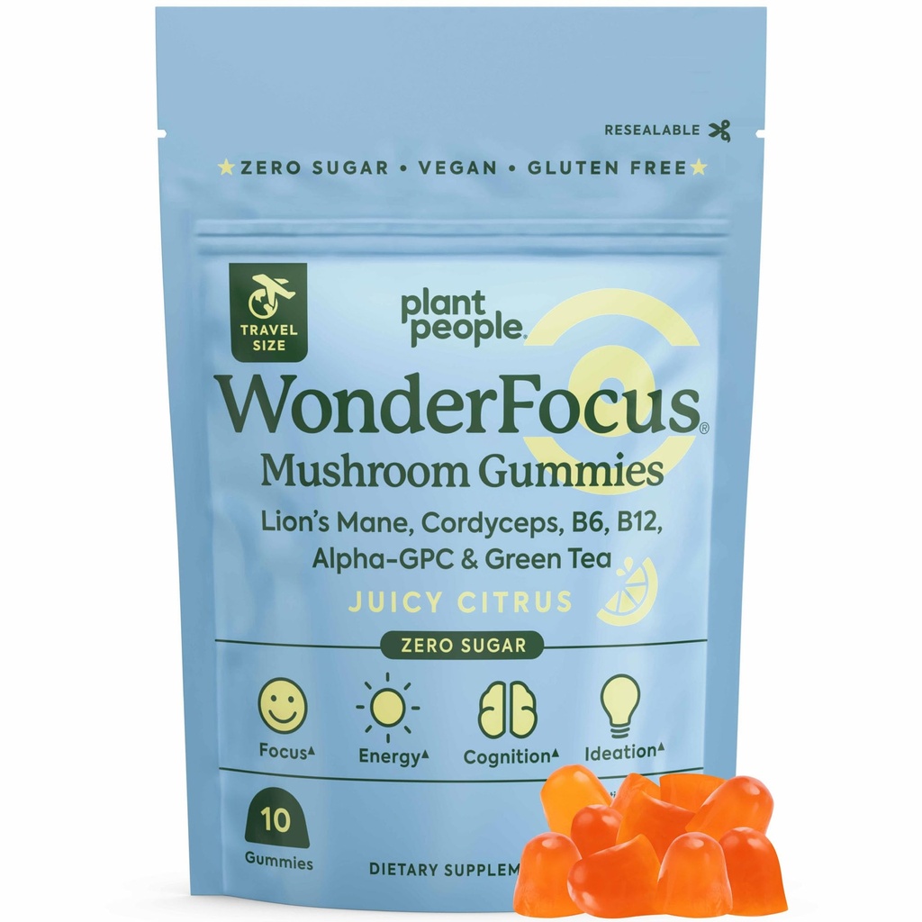Plante Folk WonderFocus Mushroom Gummies Mini med Lions Mane & Cordyceps Nootrop Brain supplement øger hukommelse Focus Energy & Food hos voksne ingen sukker 100% Vegan Citrus Flavor Trial størrelse