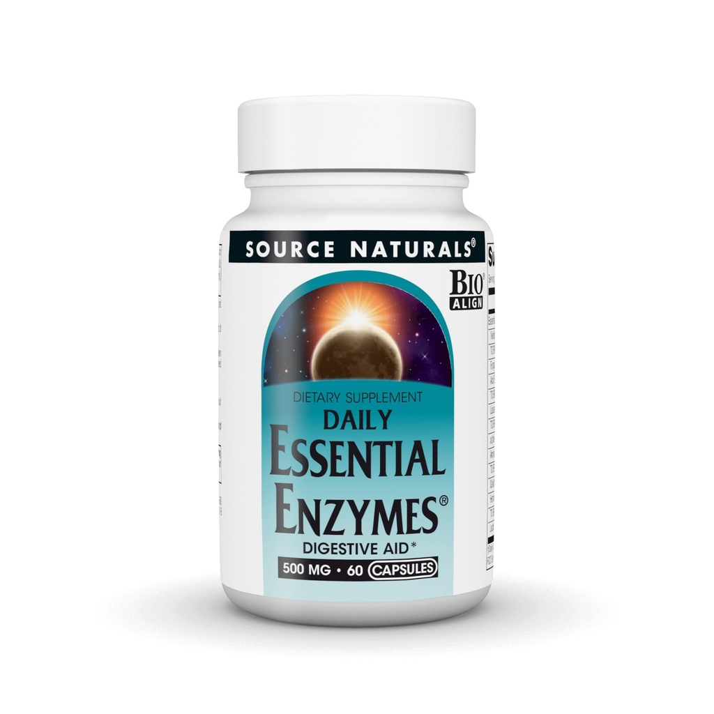 Source Naturals Essential Enzymes 500mg Bio- Aligned Multiple Enzyme Supplement Herbal Defense for Fordøjelse, Gas, Forstoppelse & Bloating Relief - Understøtter en stærk immunsystem - 60 kapsler