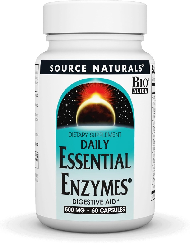 Source Naturals Essential Enzymes 500mg Bio- Aligned Multiple Enzyme Supplement Herbal Defense for Fordøjelse, Gas, Forstoppelse & Bloating Relief - Understøtter en stærk immunsystem - 60 kapsler