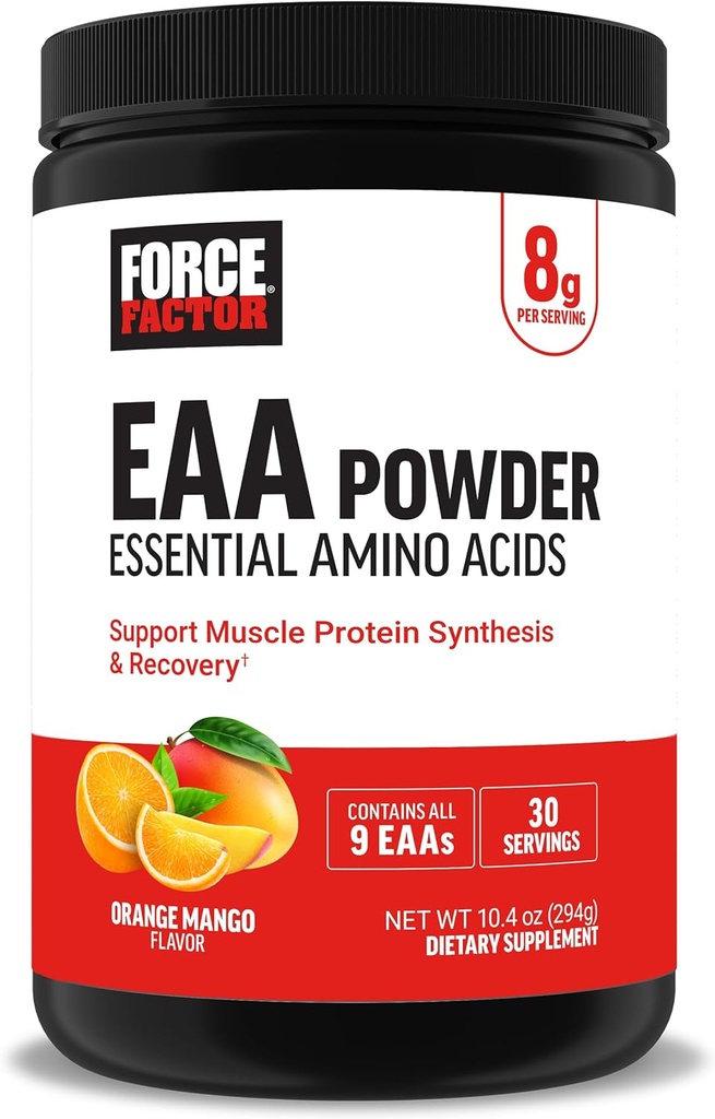 Force Factor Væsentlige Aminosyrer, Fuld Spektrum EAAs Aminosyrer Pulver, Aminosyrer Supplement for kvinder og mænd til at støtte sund muskel og workout Inddrivelse, Orange Mango, 30 Servere