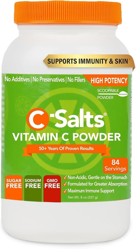 C- Salte C-vitamin pulver supplement - 100% Pure High Dosis Buffered C-vitamin pulver til immunforsvar - Økologisk, sukkerfri, Vegan, Non- GMO, Stomach- Friendly, Original 8 oz