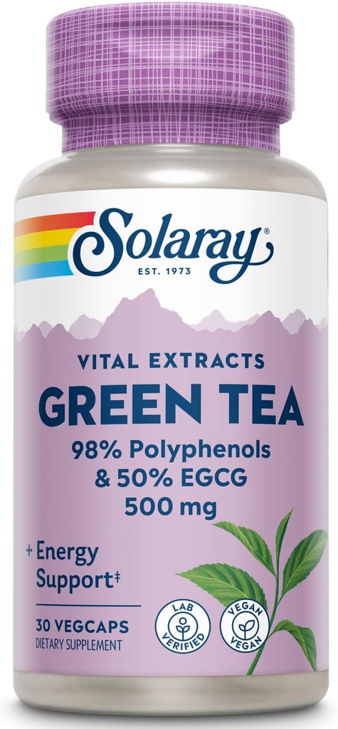 SOLARAY Garanteret Potency Green Tea Leaf Extract Double Strength, Veg Cap (Btl- Plastic) 500mg