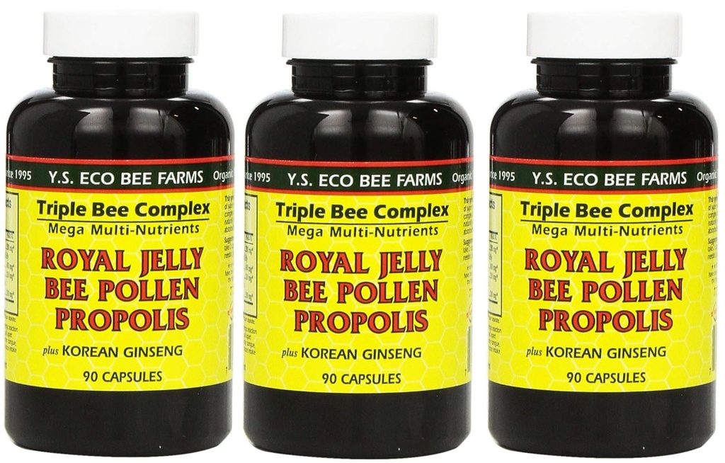 Y.S. Eco Bee Farms, (3 Pack) Royal Jelly, Bee Pollen, Propolis, Plus koreansk Ginseng, 90 Kapsler