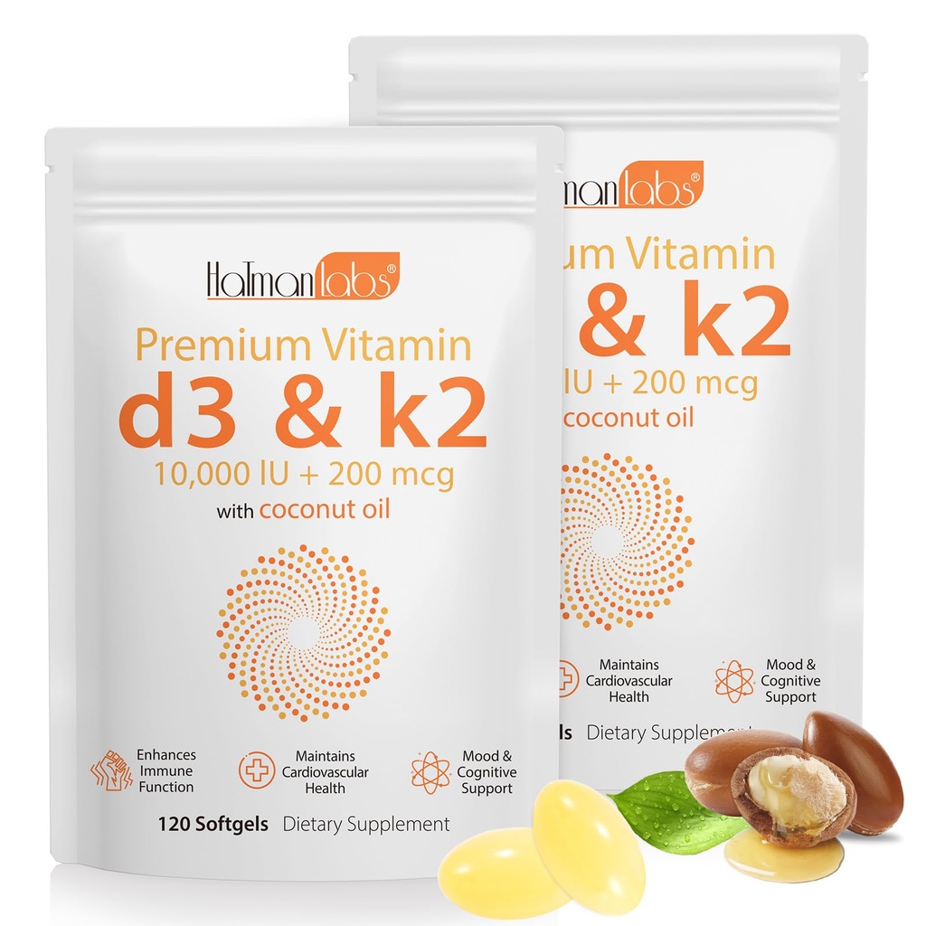 2 Bag D3 K2 tillæg Softgel, D3 K2 vitamin Softgel med 10000 IE understøtter immunforsvar, hjerte, tænder og ben sundhed, fri for GMO, gluten, soja