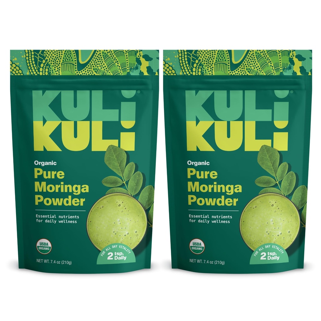 Kui Kuli Moringa Oleifera Organic Leaf Powder & Green Smoothie, 100% Pure USDA Certified & Non- GMO Moringa Powder, Great with Smoothies, Tea, and Food, 2 Pack