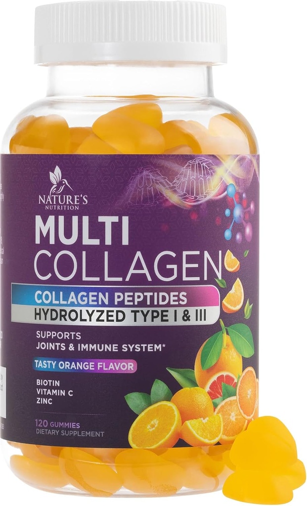 Collagen Peptider Gummies med 2500 mcg biotin - Hydrolyzed Protein Type I & III Multi Collagen tillæg med C-vitamin & zink - Støtte til hår, hud, negle, Tasty Orange Flavor - 120 Gummies