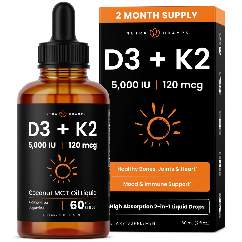NutraChamps D3 K2 dråber, flydende D3 5000 IE & K2 D3 med MK7, D-vitamindråber til børn, knogler, hjerte & immunforsvar, flydende D-vitamin i MCT Oil for bedre absorption