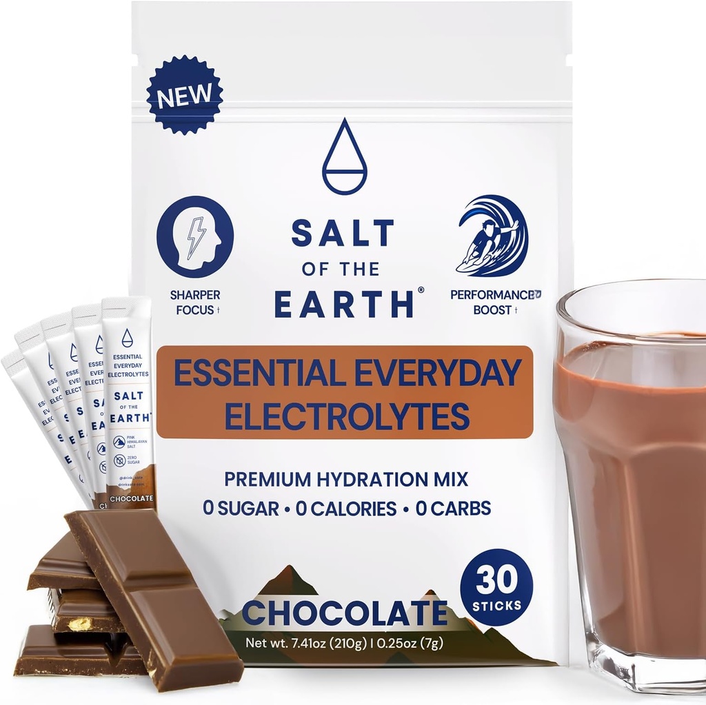 Salt af jorden Premium Zero- Sugar Electrolyte - Lavet med Pink Himalayan salt - Hydration Powder Packets â 124; Premium Ingredienser â 124; Keto & Paleo Friendly â 124; 30 sticks, chokolade