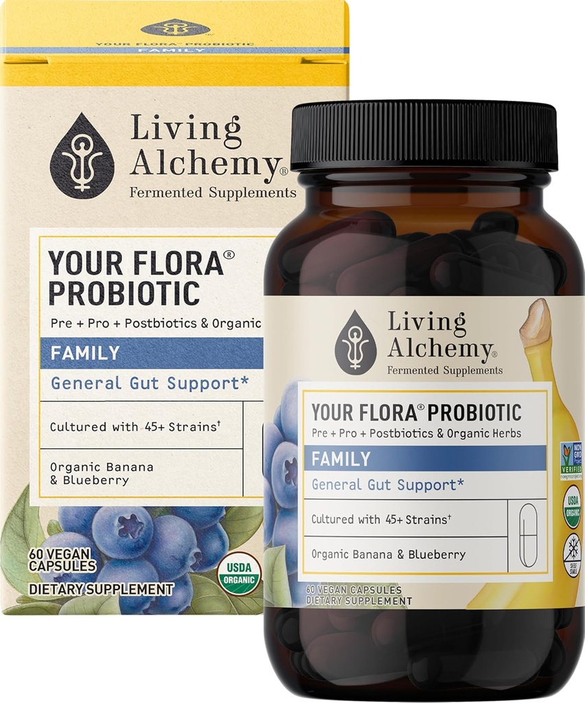 Din Flora Probiotiske Familie - Non- GMO Probiotika med gæret Soybean, Banan, & Blåbær til fordøjelse & Gut Support - Prebiotika, Postbiotika, fordøjelsesenzymer - Living Alchemy, 60 Kapsler
