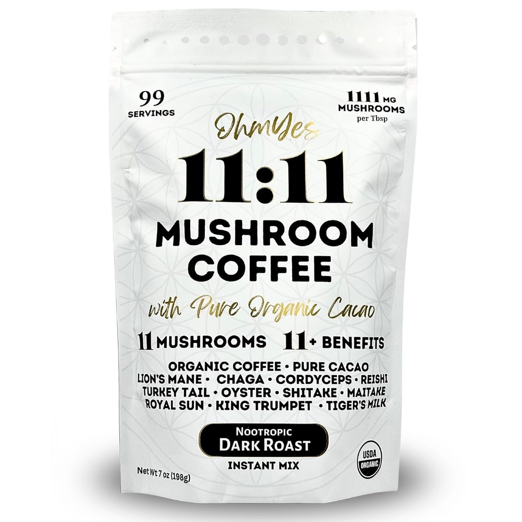 Ohmies 11 Mushroom kaffe med Cacao - 11 USA Grown Adaptogen Svampe til Focus, Clarity & Energy - Lions Mane, Reishi, Chaga + Nootrop Organic Superfood by OhmYes (7oz) - 99 Servering