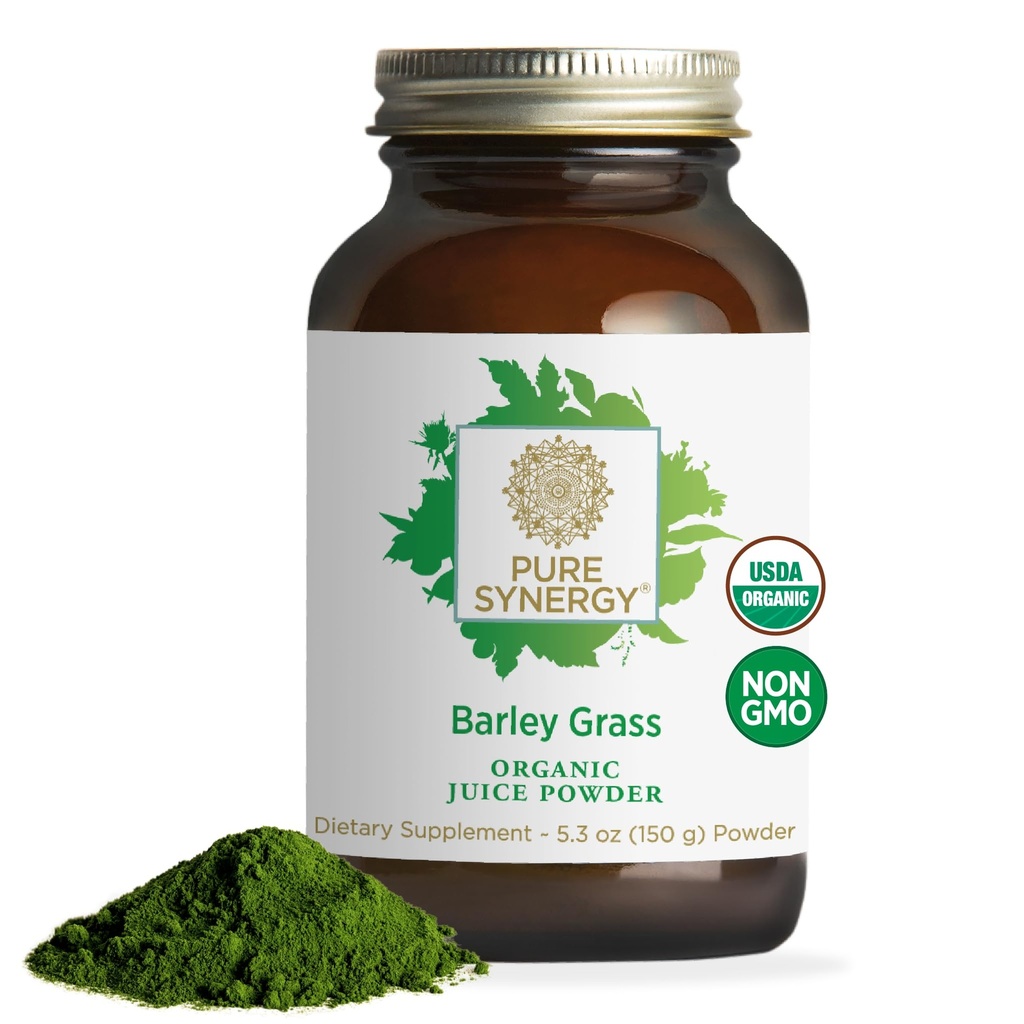 PURE SYNERGY Organic Barley Grass Juice Powder # 124; Chlorophyll-Rich Green Powder # 124; Organic Cold- Pressed Barley Grass # 124; for Energi, Detox, og fordøjelsesstøtte (5.3 oz.)