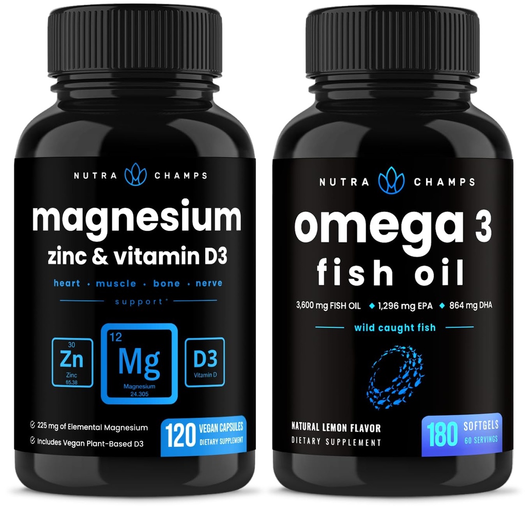 NutraChamps Magnesium Zink & D3- vitaminkapsler og Omega 3 Fish Oil Capsules 2 Pack Bundle